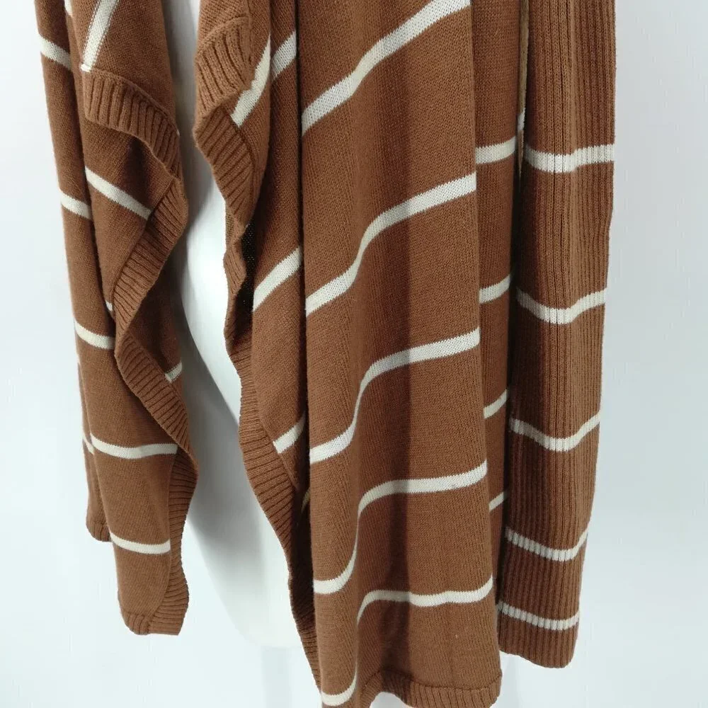 Mystree Brown Striped Waterfall Cardigan Sweater Size S Knit Wrap Open Front